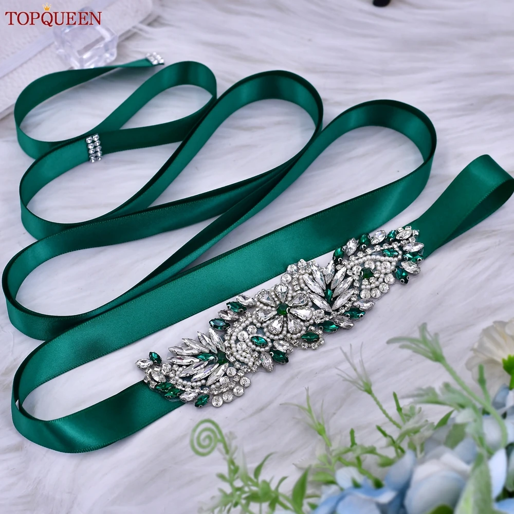 Topqueen S22 Bruiloft Riem Diamant Groen Diamante Dress Trim Satin Wedding Riem Prom Riem Steen Riem Bruid Jurken Decoratie