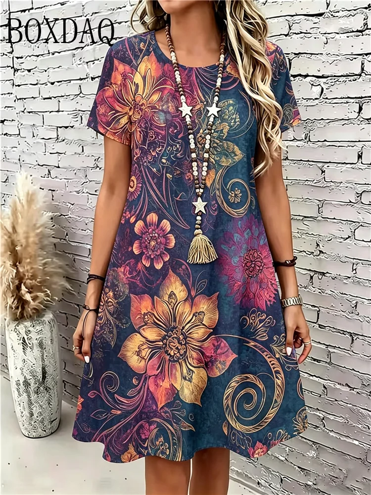 2026 New Casual Round Neck Short Sleeved Women's Dress Fashionable Flower Pattern Printed Summer Dresses