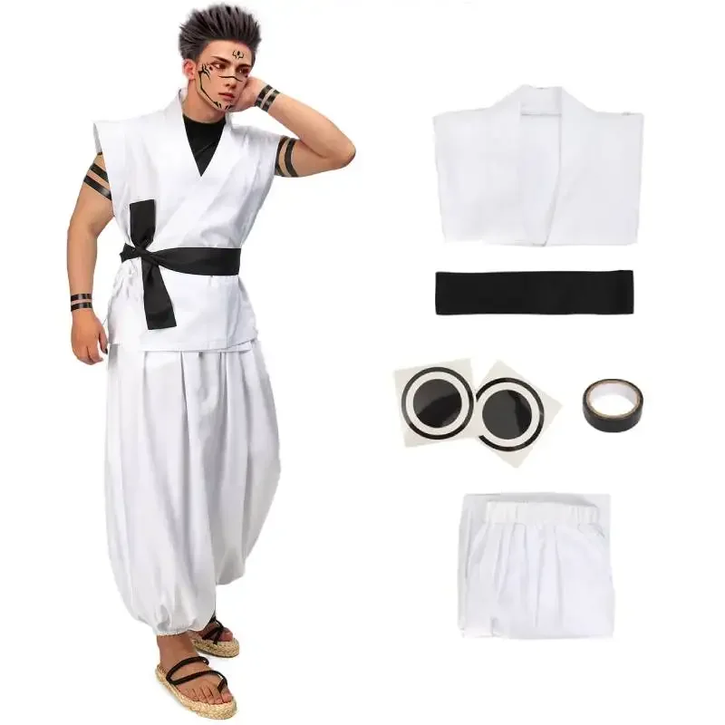 

Dazcos ryomen Sukuna costume White kung fu suit with tattoo stickers ryomen Sukuna as meumi showdown cosplay costume full set