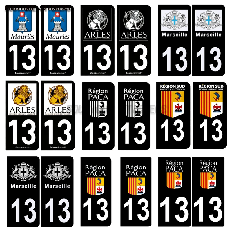 

2Pcs Autocollant plaque d'immatriculation française DEPARTEMENT-LOGO13blason Marseille Noir NC-Mouriès-Commune-Arles-Ville PVC