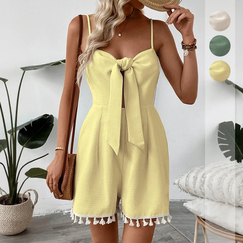 

2025 New Style Summer Women's Sweet Simple And Casual Temperament Bow Suspender Solid Color Backless Women's Jumpsuit