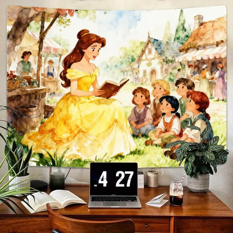 

1 шт., гобелен Disney Belle Princess Reading Storytime, желтое платье, акварельное настенное искусство для детей и фанатов, современная спальня из полиэстера