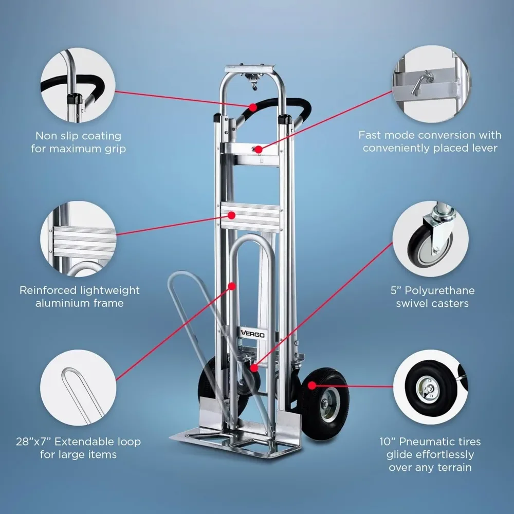 Vergo промышленный трансформируемый ручной грузовик-AS7A2 тяжелый алюминий 3 в 1 тележка (грузоподъемность 750 фунтов) Легкая рамка,