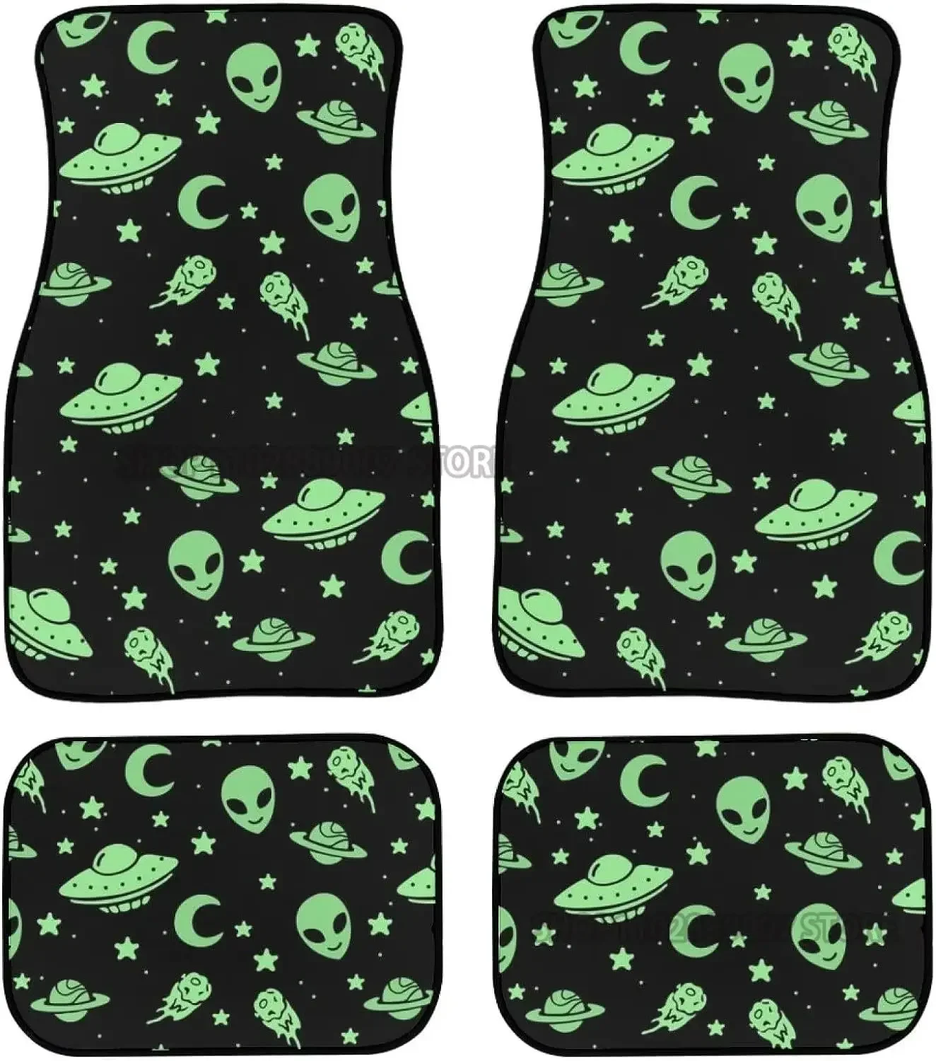 Green Alien Moon UFO Car Front Back Floor Mats Full Set of 4 Non-Slip Rubber Backing Foot Carpet for Cars Interior Accessories