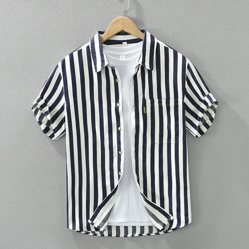 

Vertical Striped Cotton Short Sleeve Shirt for Men 2024 Summer Fashion Basic Blouses for Youth Male Pockets Casual Cool Tops