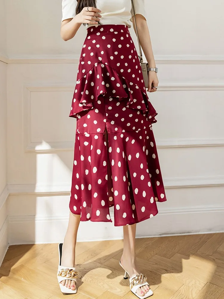 High Waist Chiffon Long Skirts Women New Arrival 2023 Spring Fashion Korean Style Polka Dot Ladies Elegant A-line Skirt W1301