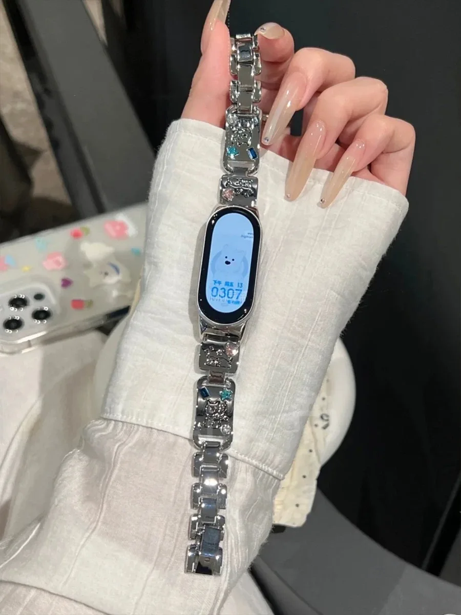 Tali Logam untuk Xiaomi Band 9 Gelang Jam Baja Tahan Karat untuk Xiaomi Band 8 Jam Tangan Pintar Gelang Olahraga Korea Gelang Wanita