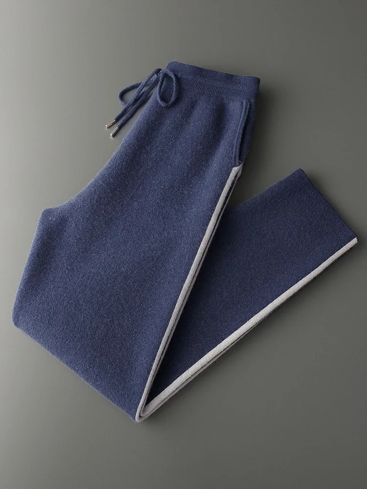 Men Versatile Pencil Pants Knit Warm Thicken Air Layer 100% Cashmere Men's Pants Autumn Winter Trousers Drawstring  men clothing