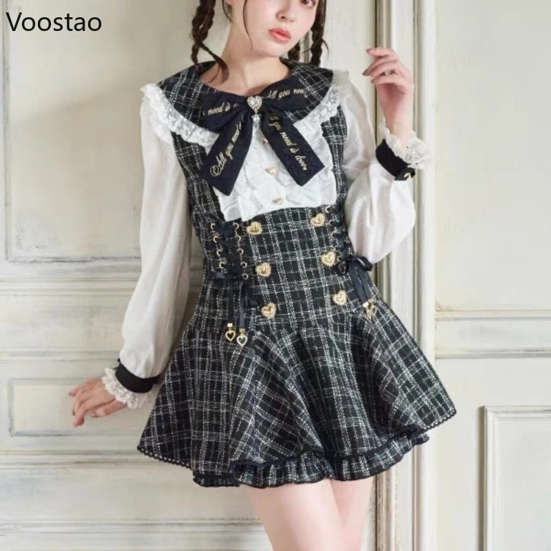 Japanese Gothic Y2k Lolita Rhinestone Bow Dress Shorts Set Women Harajuku Lace Ruffles Shirt Dress Lady Plaid Shorts 2 Piece Set