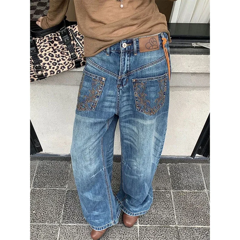 Gradient Autumn  2025 Blue Jeans Women Y2K Vintage High Waisted Jeans Straight Streetwear Loose Large Wide Leg Denim Pants