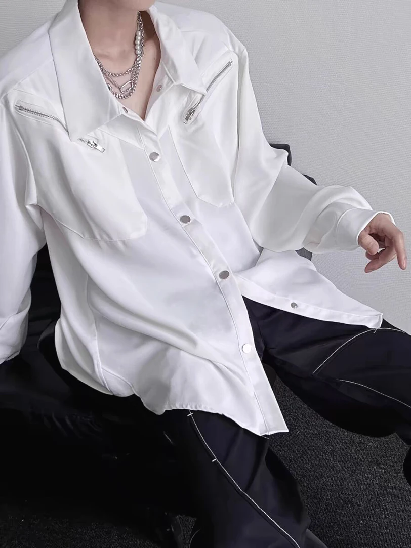 

Мужская рубашка из ледяного шелка с двойной молнией, длинный рукав, свободный крой, молодежный тренд, весенняя верхняя одежда, с отложным воротником, не требует глажки