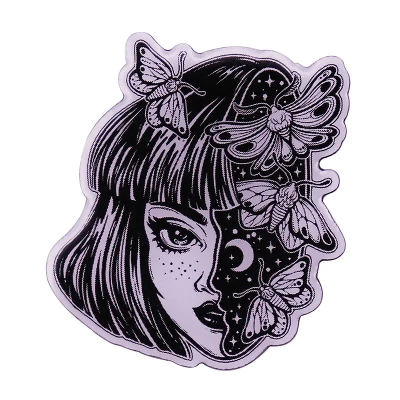 Starry sky moon moth butterflies human girl Enamel Pin Psychedelic Trippy Surreal Abstract Art Magic Anime witch girls Badge