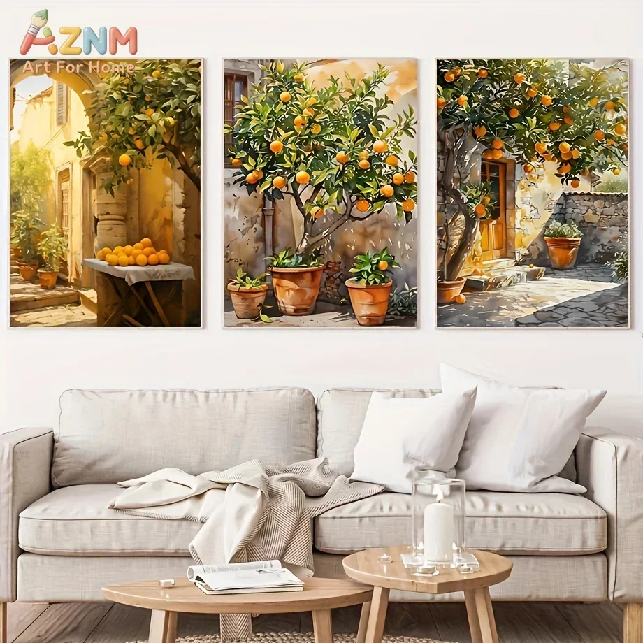 3pcsAZNM Mediterranean Vintage Orange Tree Fruit Landscape Canvas Wall Art Warm Sunlight Rural Town Scenery Watercolor Flat Gicl