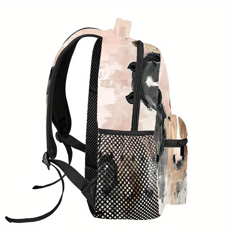 Running Horse Backpack Stylish TwoTone Design with Mesh Side Pockets Adjustable Shoulder Straps and Durable Polyester Lining