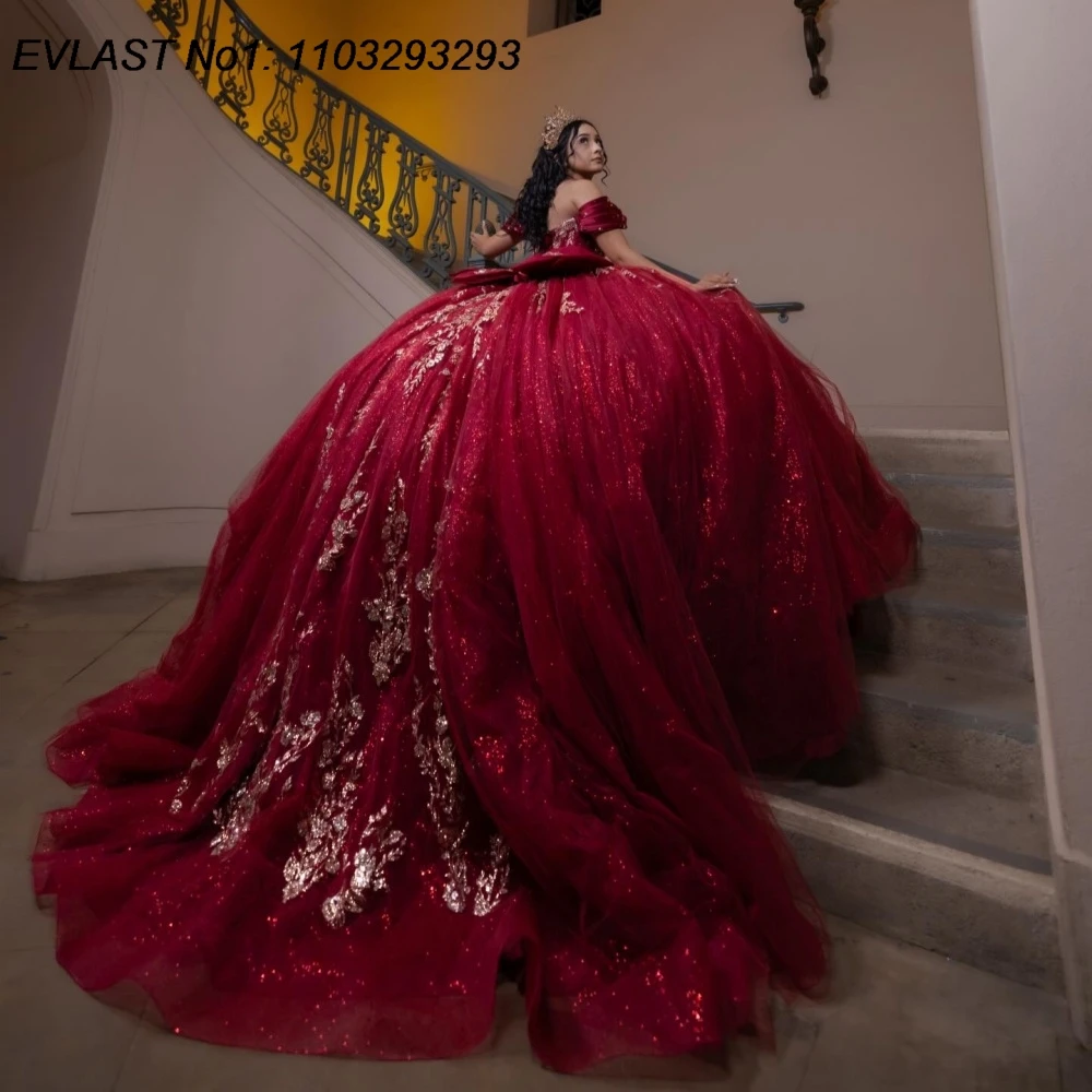 EVLAST Personalizado Glitter Borgonha Quinceanera Vestido de Baile Vestido de Renda Applique Cristal Frisado Doce 16 Vestidos De 15 Anos E1QN823