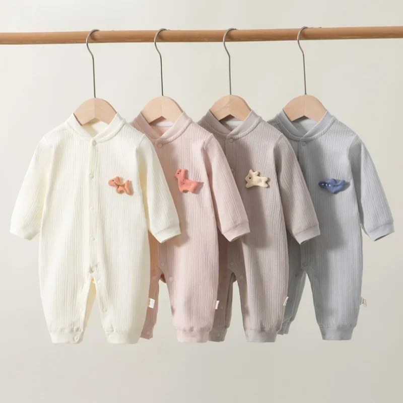 Spring 0-2Y Cotton Baby Romper Newborn Boys Girls Bodysuit Ribbed Texture Cute Patch Button Closure Soft Infant Jumpsuit Clothes
