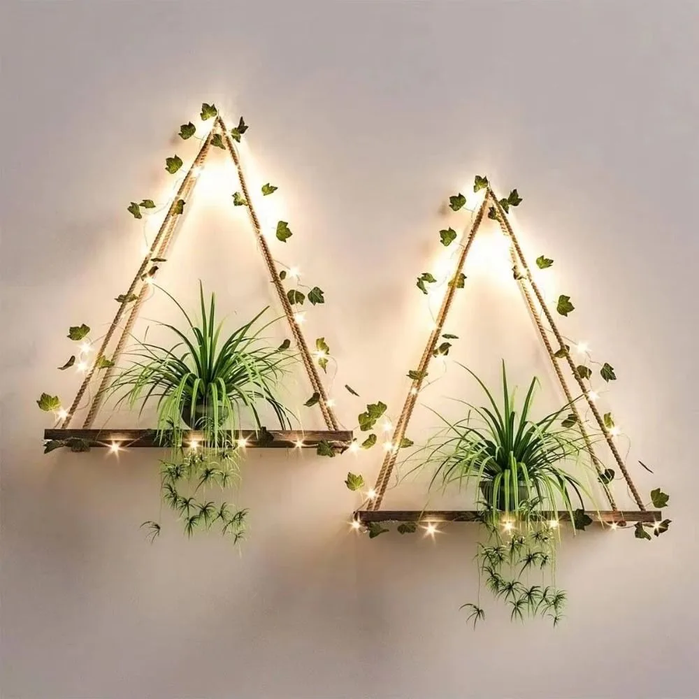 Nordic Artificial Ivy Floating Wall Shelf Wooden LED Light Wall Mounted Shelf Floating Hanging Plant Pot Tray Indoor