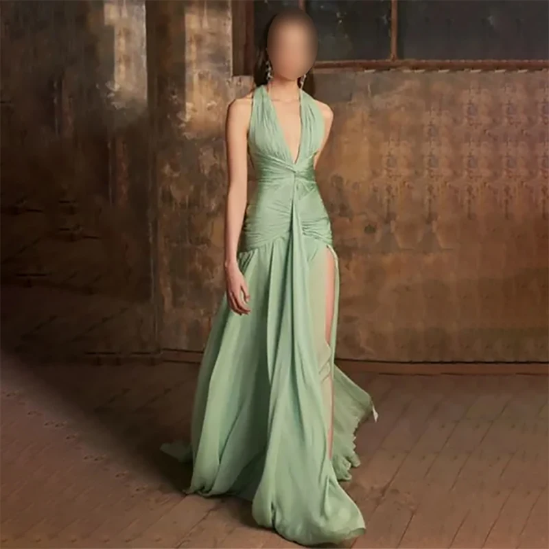 Sexy Light Green V-neck Halter Chiffon Party Evening Dresses Split A-line Pleated Backless Party Gown Occasionn Customized