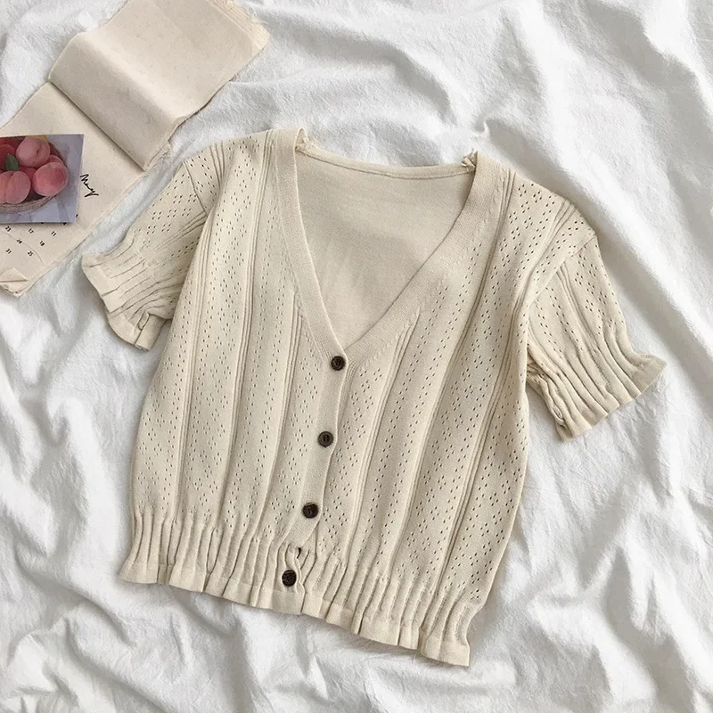 

Short Sleeved V-neck Knitted Cardigan Women's Summer Korean Version Hollowed Out Thin T-shirt Retro Short Women Clothing Tops