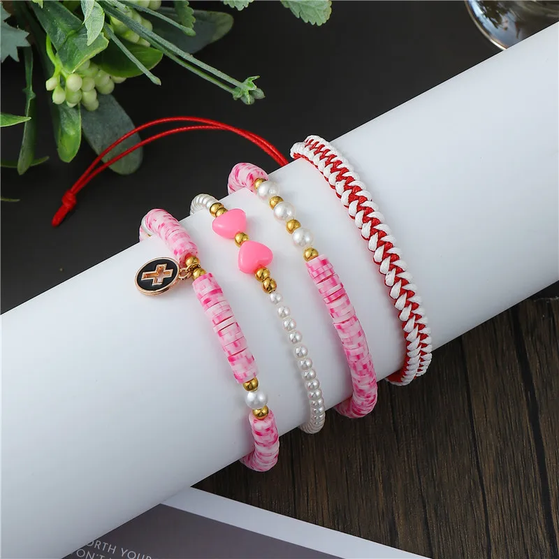 4pcs/lot Bohemian Heart Pearl Pink stone woven  Bracelet Women Casual Jewelry Accessories Friendship Gift