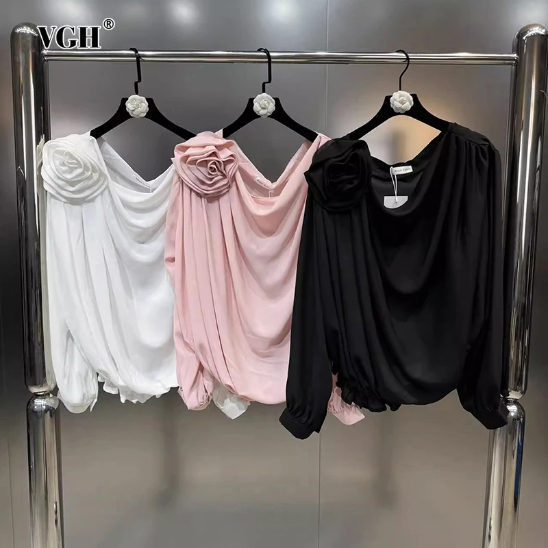 

VGH Solid Patchwork Appliques Minimalist Shirts For Women Round Neck Long Sleeve Casual Loose Blouses Female Fashion Style New