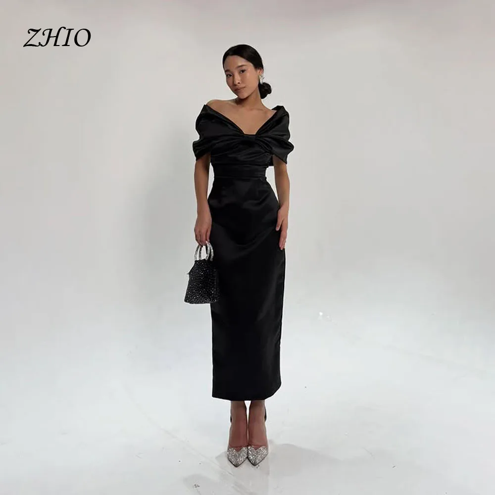 

ZHIO New Black Mermaid Prom Dresses Satin Off The Shoulder Short Sleeves Robe De Soiree Customized Celebrity Evening Dresses