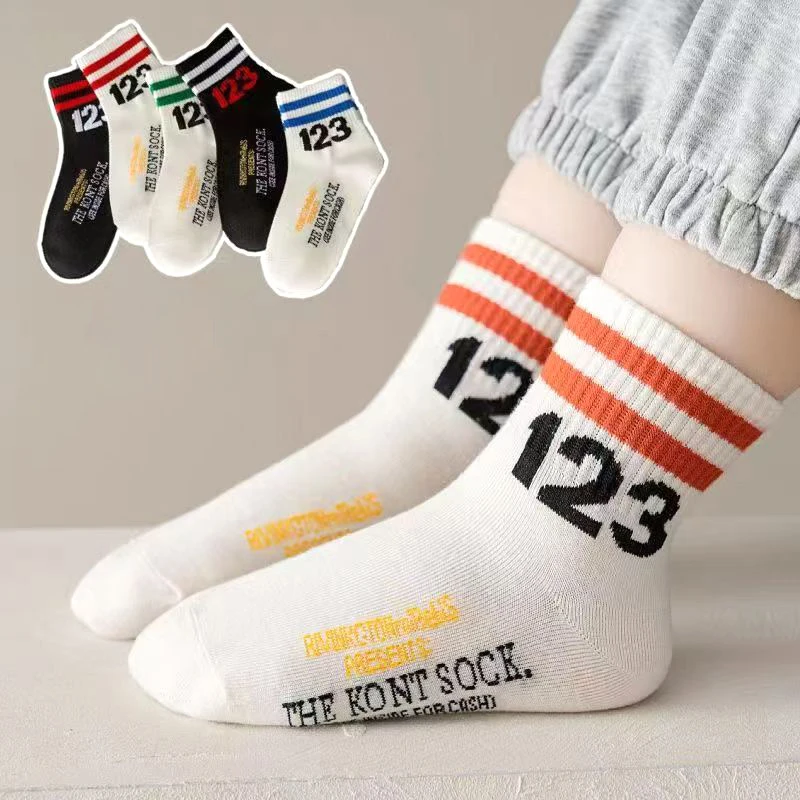 

5Pairs Fashion Stripe Number Socks Children Boys Sport Sock Pink Rabbit Baby Girl Middle Tube Sock Ruffle Brim Kids Cotton Socks