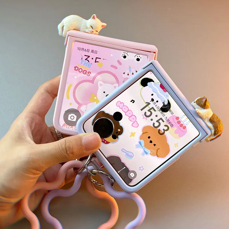 Bonito 3d gato caso alça de mão dobradiça caso para samsung galaxy z flip 7 6 5 4 3 para motorola razr 40 50 60 ultra xiaomi mix flip 2