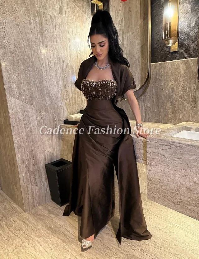

Customized Gorgeous Brown Mermaid Dubai Prom Dresses Beaded Applique Arabian Long Evening Gowns Party Dresses