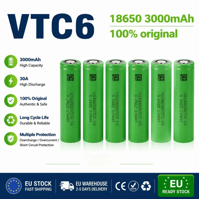 Batteria Li-ion VTC6 18650 3.7V 3000mAh – Confezione da 50 Pezzi, Consegna in UE, Alta Capacità di Scarica per Torce, Giocattoli, Utensili Elettrici