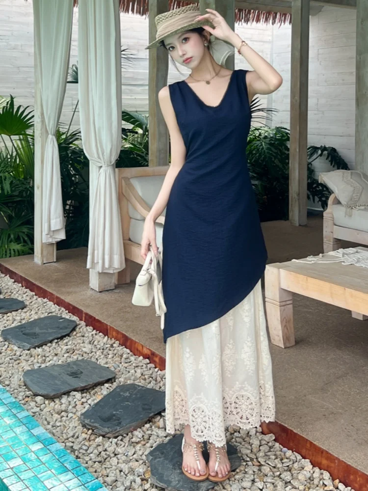 SMTHMA coreano Chic Sexy cuello en V sin mangas vestido Irregular de las mujeres de encaje empalmado cintura delgada falso vestidos largos de dos piezas