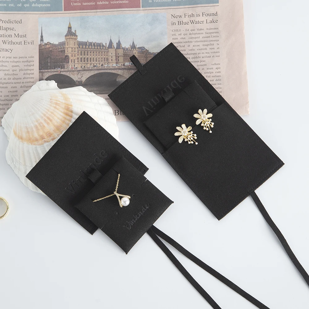 Black Microfiber Suede Pouches With Card Custom Logo Jewelry Packaging Storage Gift Bags Personalized Small Earrings Dust Sack