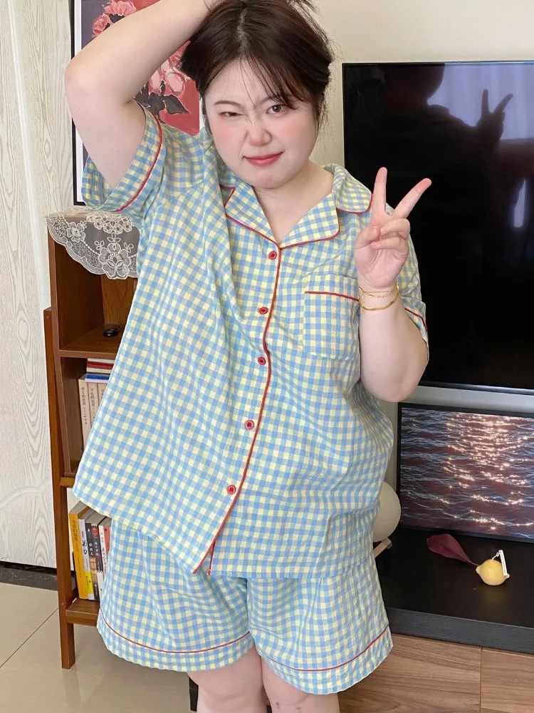 Plus size 100kg Plaid Cotton Pajamas Women's Summer 2024 New Cotton Net Red Wind Home Clothes suit Summer M-5XL