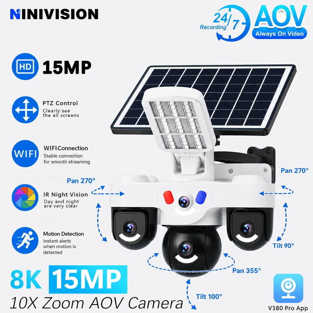 10-fach Zoom 8K 15MP AOV Solar-Sicherheitskamera Drei Objektive 2.4G WiFi PTZ Outdoor 360 °   Schwenk-Neigungs-Funktion, PIR-Erkennung, Zwei-Wege-Audio, wasserdicht