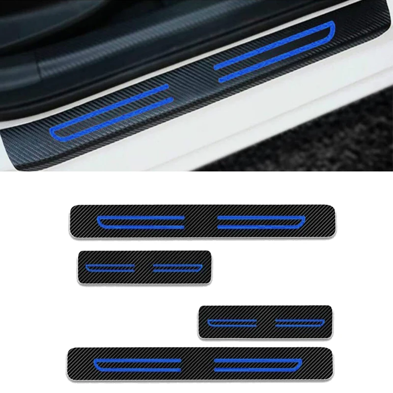 4pcs/Set Blue Carbon Fiber Style Car Door Sill Entry Guard Scuff Plate Cover PVC Anti Scratch Protector Fit for Toyota New