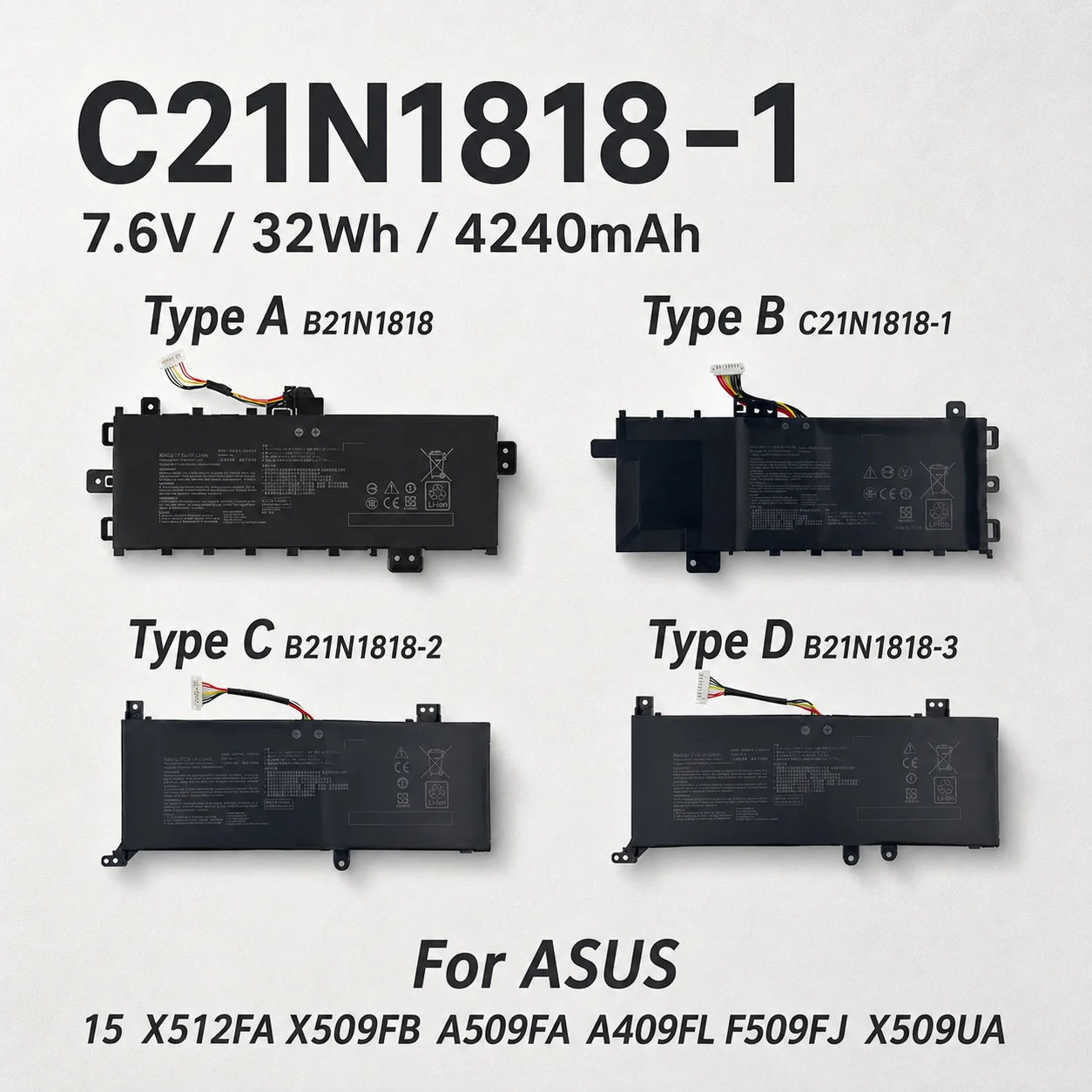 32Wh Replacement Laptop Battery ASUS Compatible X512FA X509FB A509FA A409FL F509FJ X509UA C21N1818 B21N1818/B21N1818-1/-2/-3