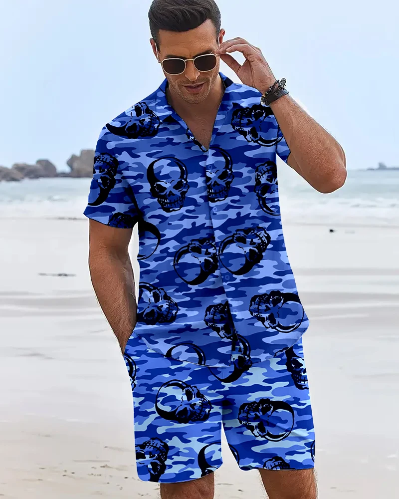 Skull Camouflage 3D Print Men Shirt Sets Short Sleeve Shirt Oversized Casual Beach Shorts Streetwear Hawaiian Suits Clothes