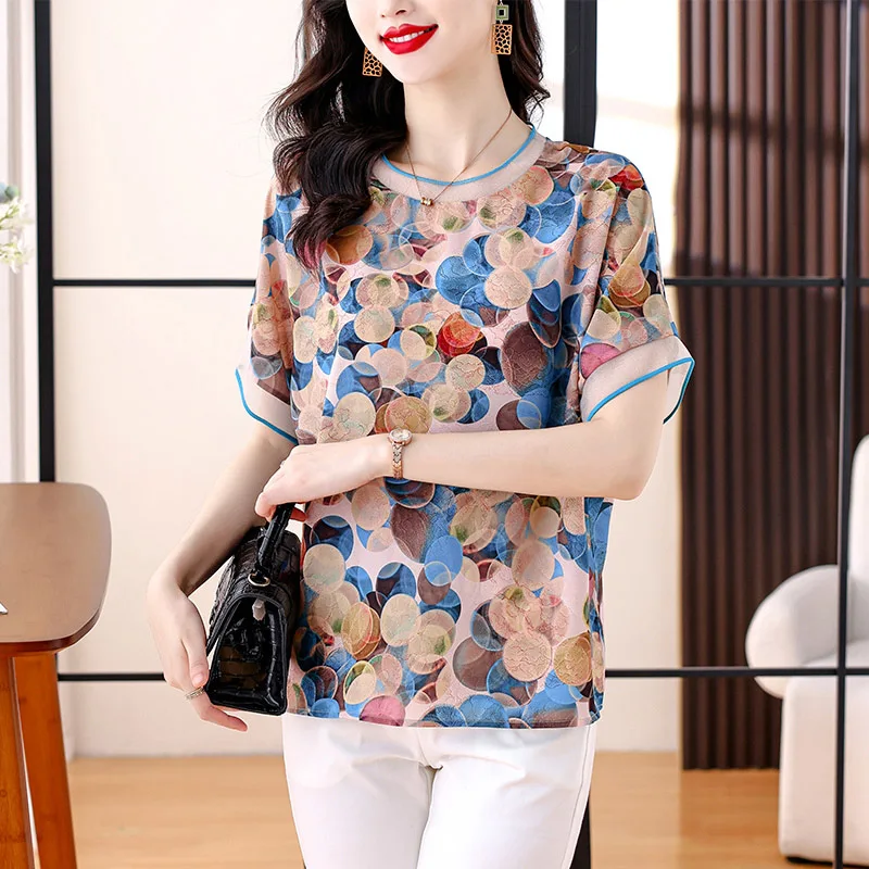 Women Fashion Elegant Polka Dot Print T-shirts Summer Casual Loose O-neck Short Sleeve Tops Office Lady All-match Chic Pullovers