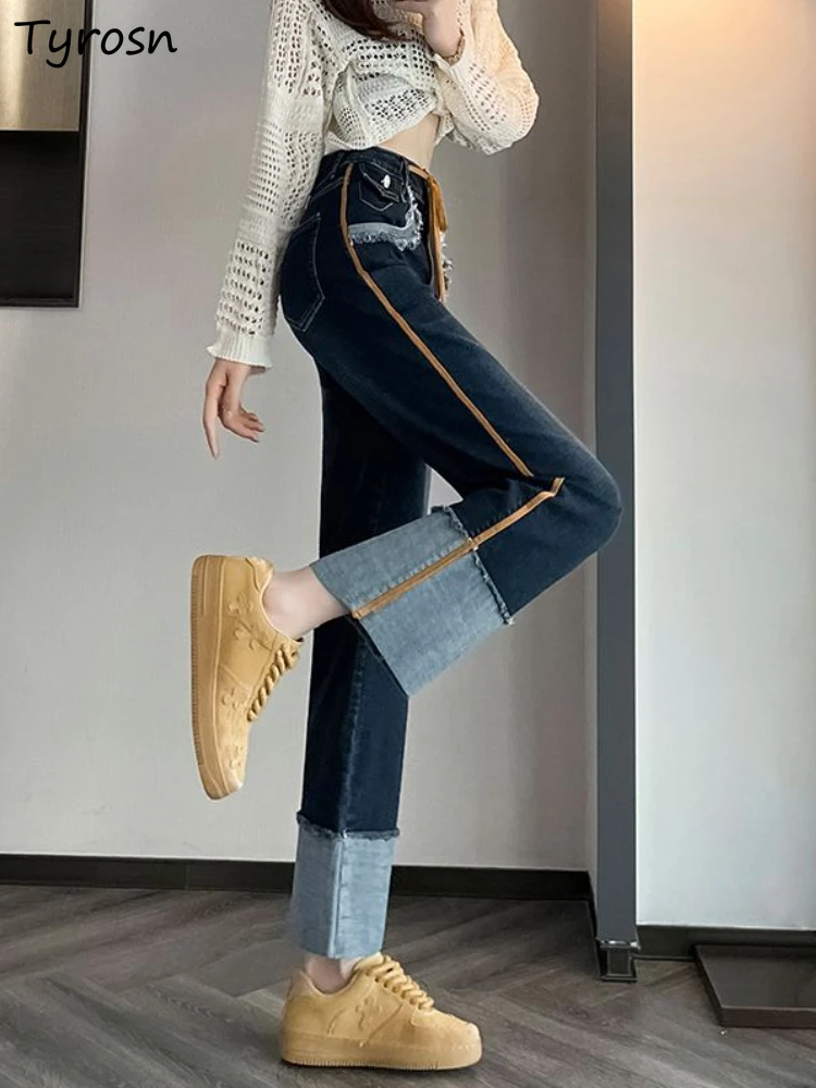 Ankle-length Jeans Women High Street Fashion Simple Design Empire Vintage Leisure Patchwork Do Old Straight Loose Hotsweet Cozy