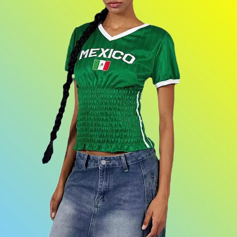 

2025 Summer New T-shirt Fashion Flag Printed Letter Top Short Sleeve Aesthetics Y2k Women's Top V-neck Clothing