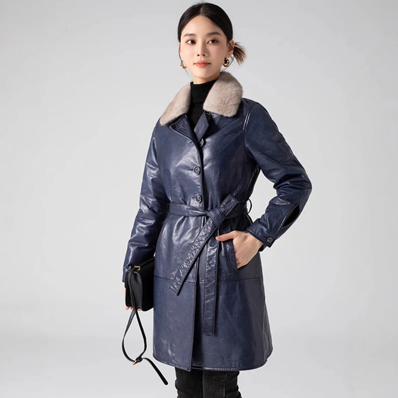 Dames winter donsjack gewaxte schapenvacht ganzendons nertsenbontkraag riem slim fit blauw halflange warme lederen jas