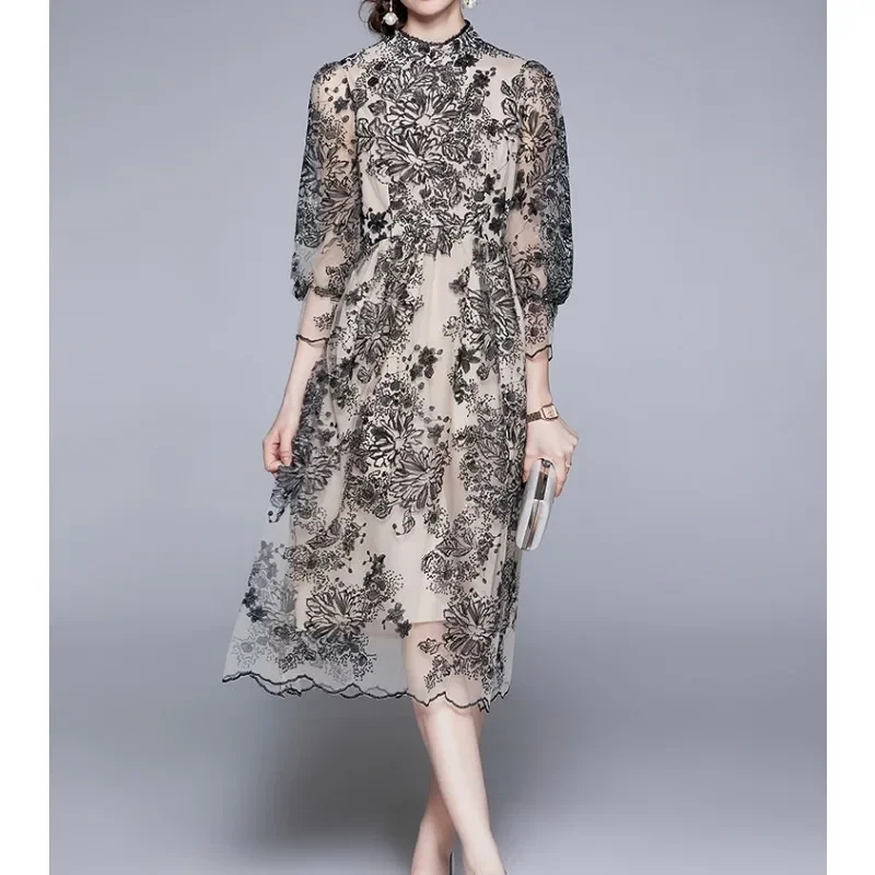 Vestido Sexy de malla bordada con cuello levantado y mangas acampanadas, vestido elegante de fiesta de noche para mujer, vestidos ceremoniales de cintura alta