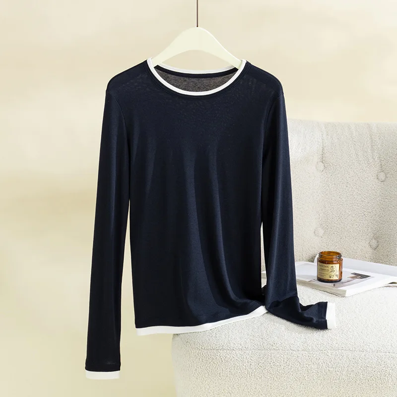 Camiseta de malha de lyocell de lã com acabamento contrastante, gola redonda