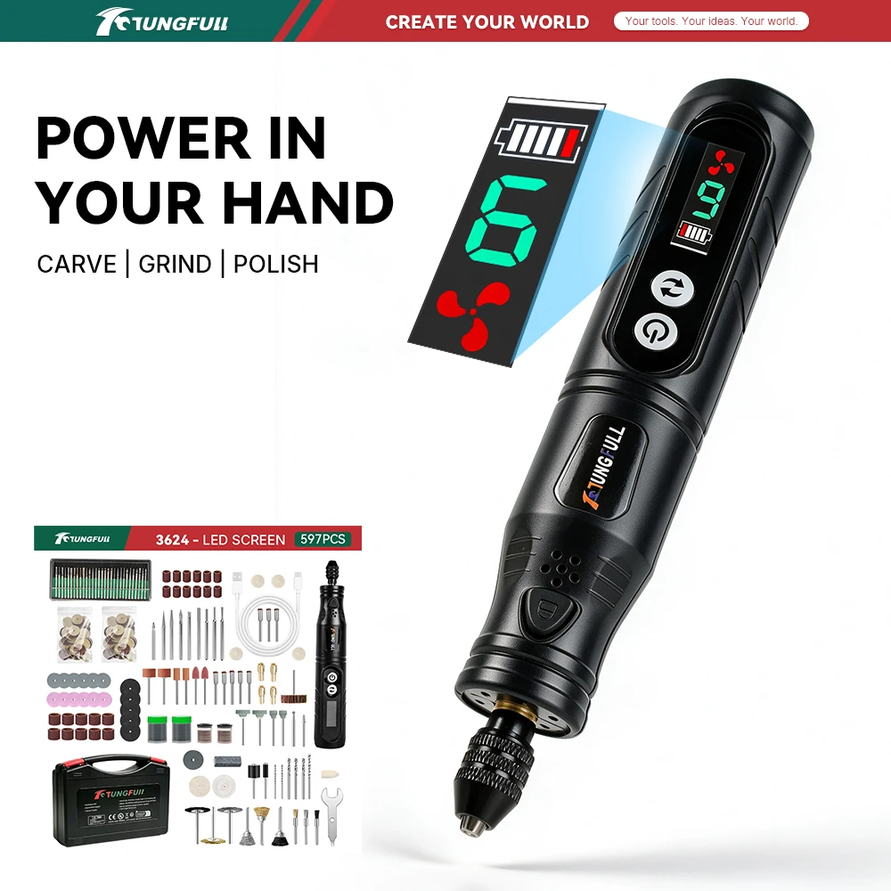 TUNGFULL Cordless Mini Rotary Grinder Pen Multi Speed Grinding Tool Set For Home DIY Craft Engraving Polishing Processing Tool