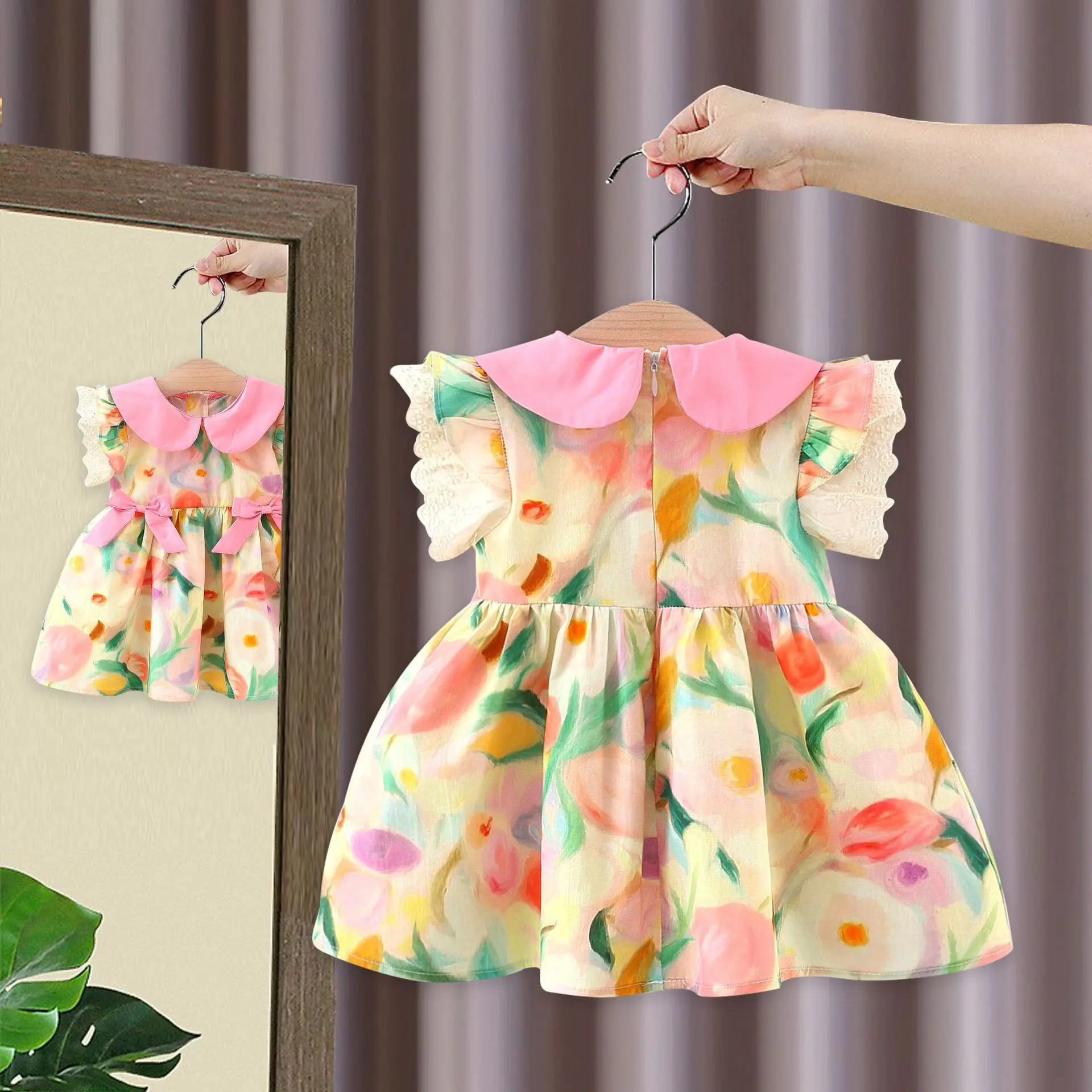 Summer Oil Painting Flower Print Bow Small Flying Sleeve Baby Girl Dress Cute Doll Collar Girl Princess Dress