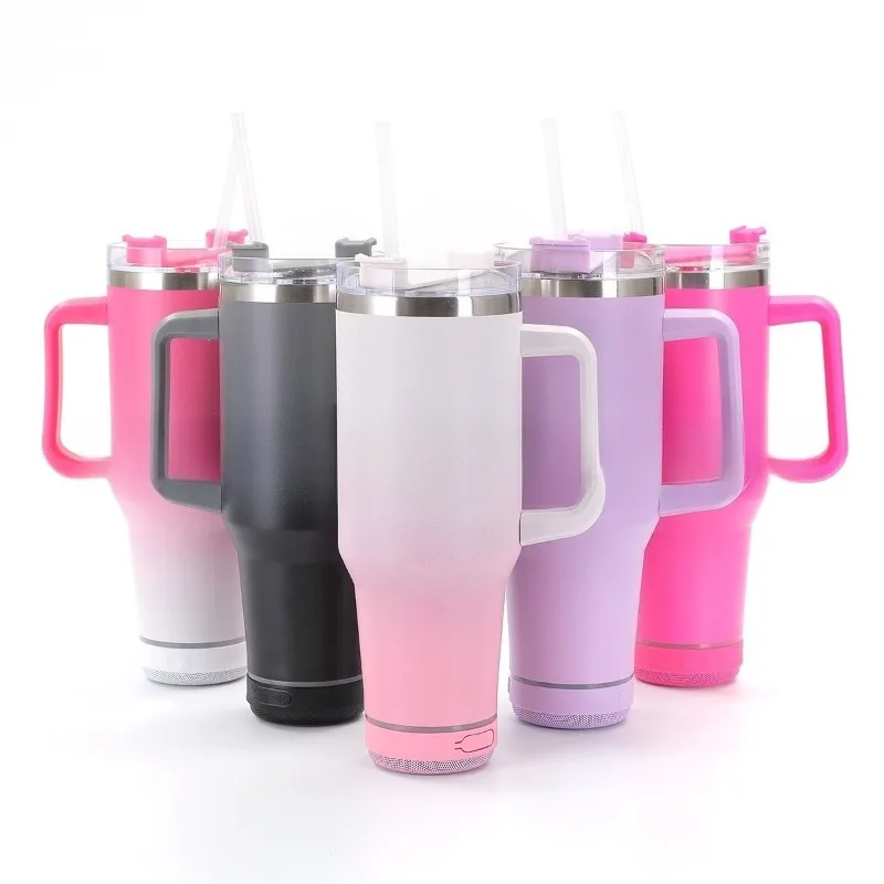 Nuevo Vaso para Auto de 40 oz, Botella Aislada de Acero Inoxidable 304, Vaso Portátil con Asa, Altavoz Bluetooth, Vaso con Pajita