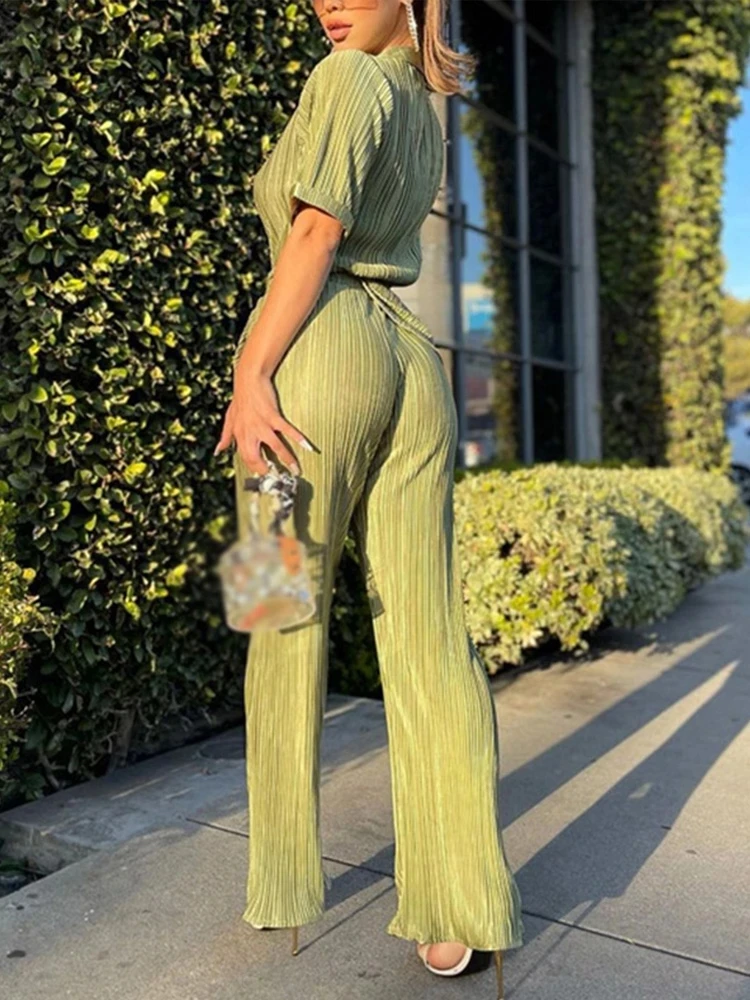 Loose Green Summer Shorts Suit Fashion Women Pajamas Short Sleeve Two Piece Set Casual Sleepwear Pleated High Waist Pants Set