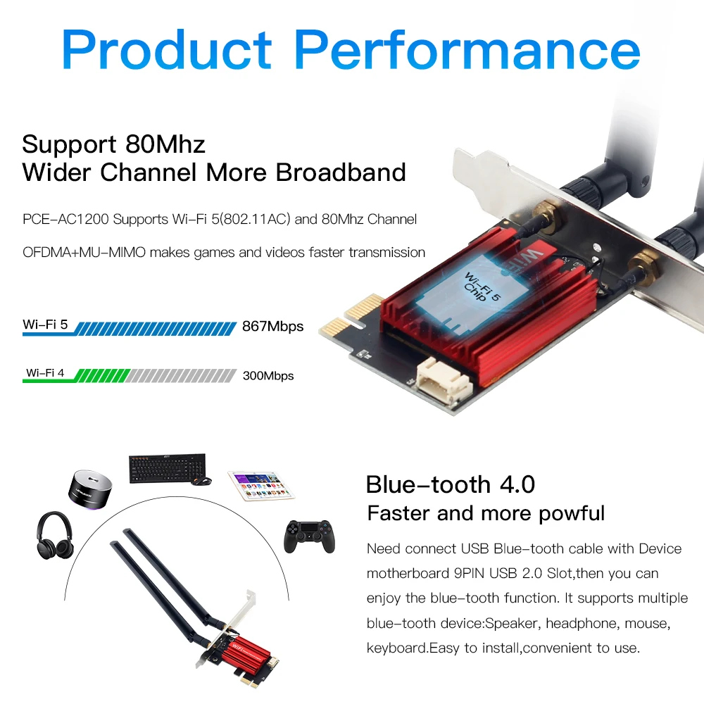 WiFi 5 AC1200 PCI-E Wireless Adapter Network Card BT 4.0 Dual Band 2.4G/5GHz 802.11AC Desktop Laptop PC For Windows 7/8/10/11