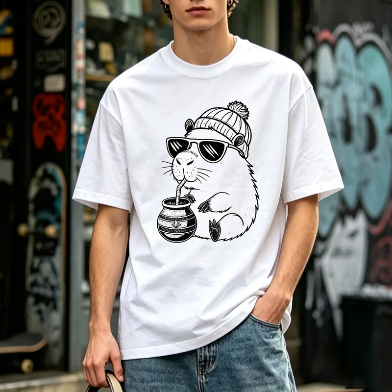 Funny Chill Capybara With Sunglasses Knit Hat Yerba Mate Meme Print T shirt For Teens Men Women Cotton Hip Hop Streetwear