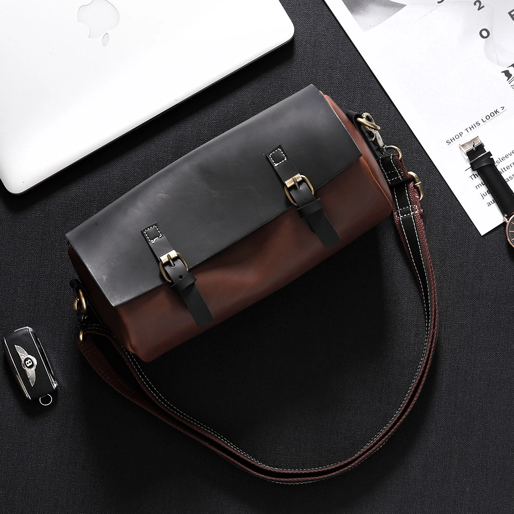 Men\'s bag Fashion Barrel Shoulder Bag Husband Crazy Horse Leather Crossbody Bags Male Vintage Bucket Men Messenger Bags Man